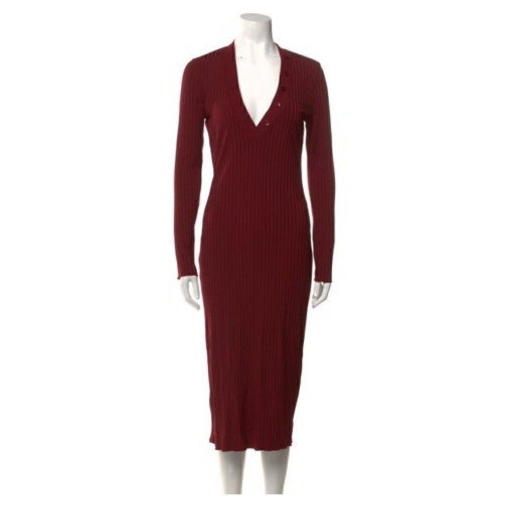L’acadamie Authentic Solid Burgundy Red Long Sleeve V Neck MIDI Dress Small